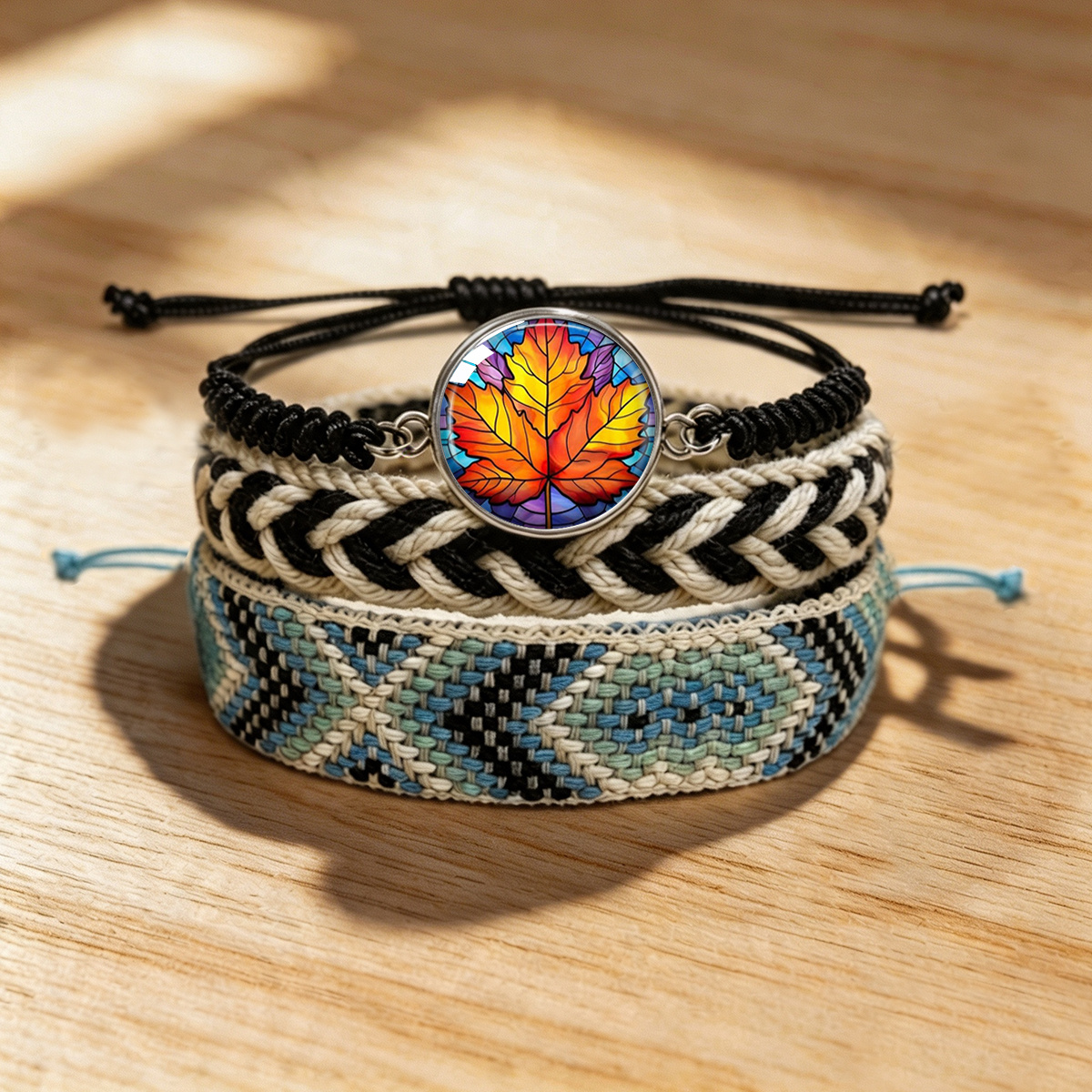 3pcs Artistic Woven Bracelet Set with Maple Leaf Art Print